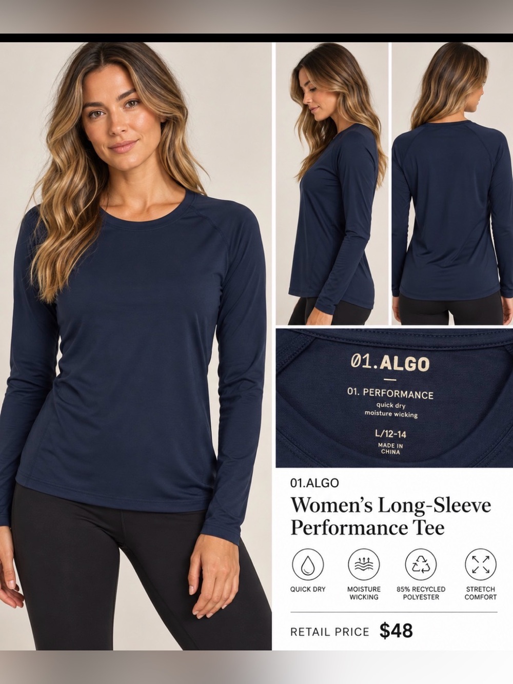 01. ALGO Women’s Long-Sleeve Performance Tee in Navy, Size L 12-14
